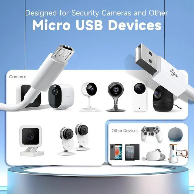 Alt view image 4 of 7 - 2 Pack 16.4ft 5M Micro USB Cable, Charging and Data Transfer, Micro USB Power Cord for Wyze Cam YI Camera Nest Cam Blink Netvue Kasa Cam Cloud Camera Furbo Dog Arlo Q and More Micro USB Devices-White