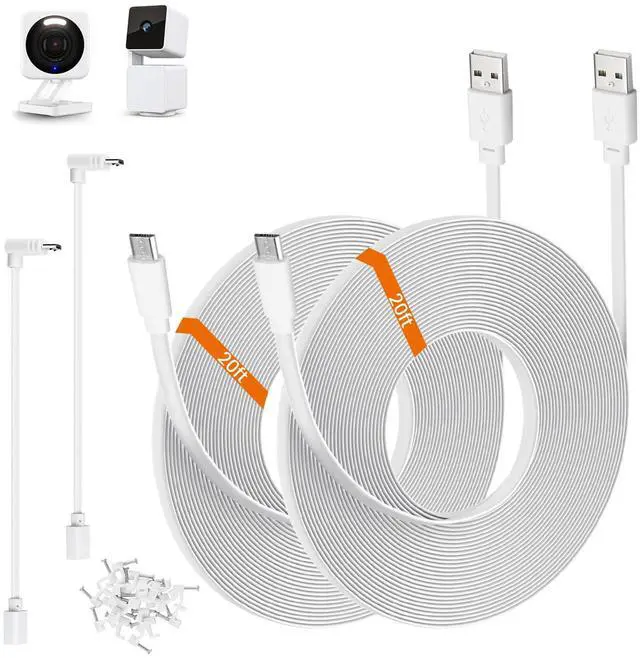 Main image of 2-Pack 20ft Power Extension Cable Compatible with Wyze Cam v4,Wyze Cam Pan v3,Wyze OG,Wyze Cam v3 and v3 Pro Security Cameras - 6m Long Flat USB to Micro USB Charging Cord with L-Shaped Adapter, White
