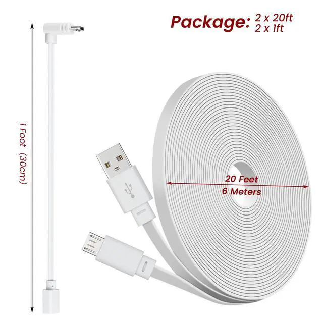 Alt view image 7 of 7 - 2-Pack 20ft Power Extension Cable Compatible with Wyze Cam v4,Wyze Cam Pan v3,Wyze OG,Wyze Cam v3 and v3 Pro Security Cameras - 6m Long Flat USB to Micro USB Charging Cord with L-Shaped Adapter, White