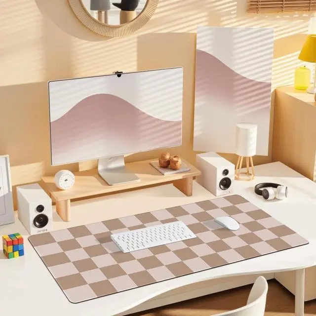 Alt view image 2 of 7 - Big Desk Pad Mouse Pad, Large Gaming Mouse Mat with Stitched Edges, Non-Slip Waterproof Rubber Base Mous Mat for Office Computer Keyboard Laptop Home Decor (35.4X17.5 in), Milk Tea Brown Checkered