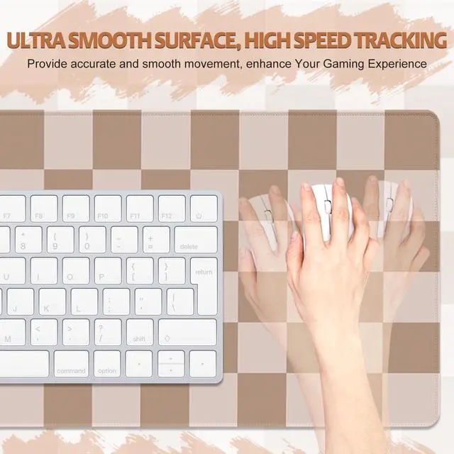 Alt view image 3 of 7 - Big Desk Pad Mouse Pad, Large Gaming Mouse Mat with Stitched Edges, Non-Slip Waterproof Rubber Base Mous Mat for Office Computer Keyboard Laptop Home Decor (35.4X17.5 in), Milk Tea Brown Checkered