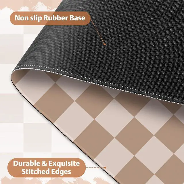 Alt view image 4 of 7 - Big Desk Pad Mouse Pad, Large Gaming Mouse Mat with Stitched Edges, Non-Slip Waterproof Rubber Base Mous Mat for Office Computer Keyboard Laptop Home Decor (35.4X17.5 in), Milk Tea Brown Checkered
