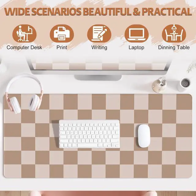 Alt view image 6 of 7 - Big Desk Pad Mouse Pad, Large Gaming Mouse Mat with Stitched Edges, Non-Slip Waterproof Rubber Base Mous Mat for Office Computer Keyboard Laptop Home Decor (35.4X17.5 in), Milk Tea Brown Checkered
