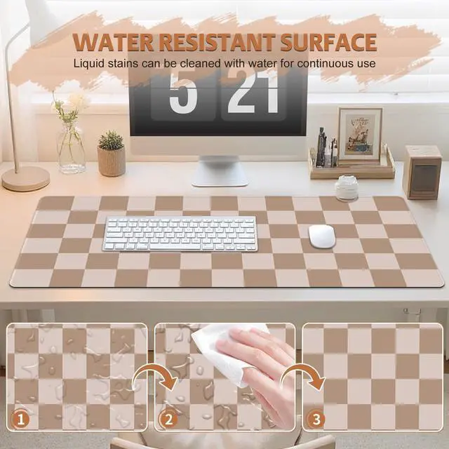 Alt view image 5 of 7 - Big Desk Pad Mouse Pad, Large Gaming Mouse Mat with Stitched Edges, Non-Slip Waterproof Rubber Base Mous Mat for Office Computer Keyboard Laptop Home Decor (35.4X17.5 in), Milk Tea Brown Checkered
