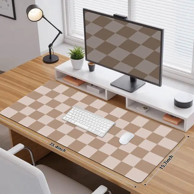 Alt view image 7 of 7 - Big Desk Pad Mouse Pad, Large Gaming Mouse Mat with Stitched Edges, Non-Slip Waterproof Rubber Base Mous Mat for Office Computer Keyboard Laptop Home Decor (35.4X17.5 in), Milk Tea Brown Checkered