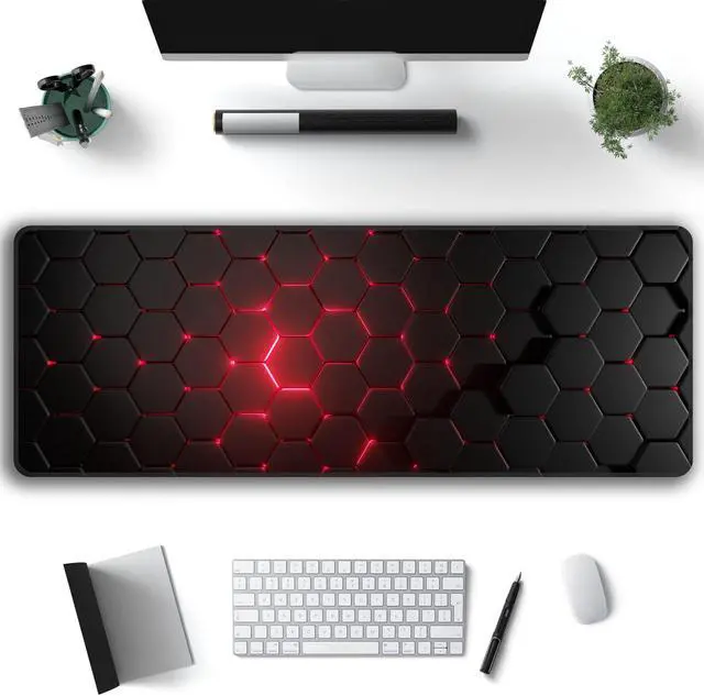 Alt view image 2 of 7 - Red Honeycomb Mouse Pad,XL 31.5"x11.8" Big Gaming Mousepad,Geometric Hexagon Large Extended Mouse Mat,Non-Slip Rubber Base Waterproof with Stitched Edges for Gaming Office Home