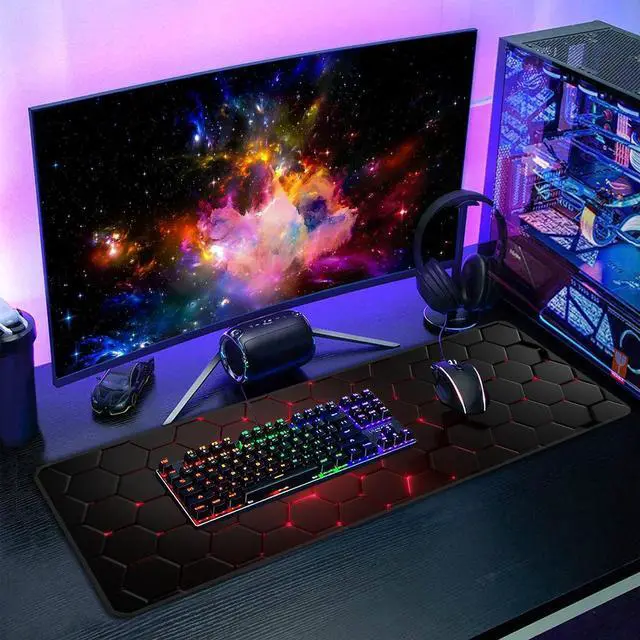 Alt view image 7 of 7 - Red Honeycomb Mouse Pad,XL 31.5"x11.8" Big Gaming Mousepad,Geometric Hexagon Large Extended Mouse Mat,Non-Slip Rubber Base Waterproof with Stitched Edges for Gaming Office Home