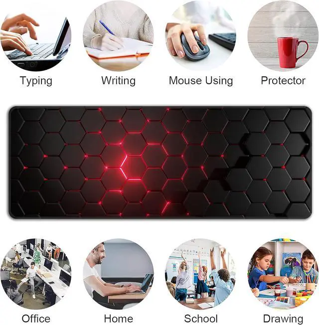 Alt view image 6 of 7 - Red Honeycomb Mouse Pad,XL 31.5"x11.8" Big Gaming Mousepad,Geometric Hexagon Large Extended Mouse Mat,Non-Slip Rubber Base Waterproof with Stitched Edges for Gaming Office Home