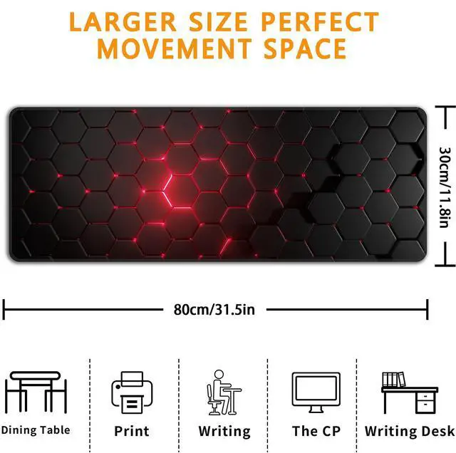 Alt view image 3 of 7 - Red Honeycomb Mouse Pad,XL 31.5"x11.8" Big Gaming Mousepad,Geometric Hexagon Large Extended Mouse Mat,Non-Slip Rubber Base Waterproof with Stitched Edges for Gaming Office Home