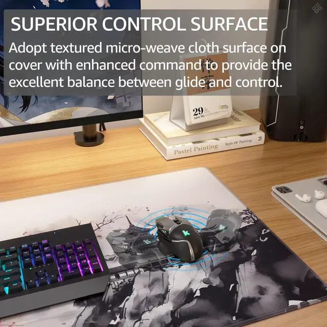 Alt view image 2 of 6 - Large Gaming Mouse Pad Desk Mat, Superior Micro-Weave Cloth, Non-Slip Rubber Base, Stitched Edges, Water-Resistant, for Gamer, Office & Home, 31.5 x 15.7 Inch, Zen Sakura