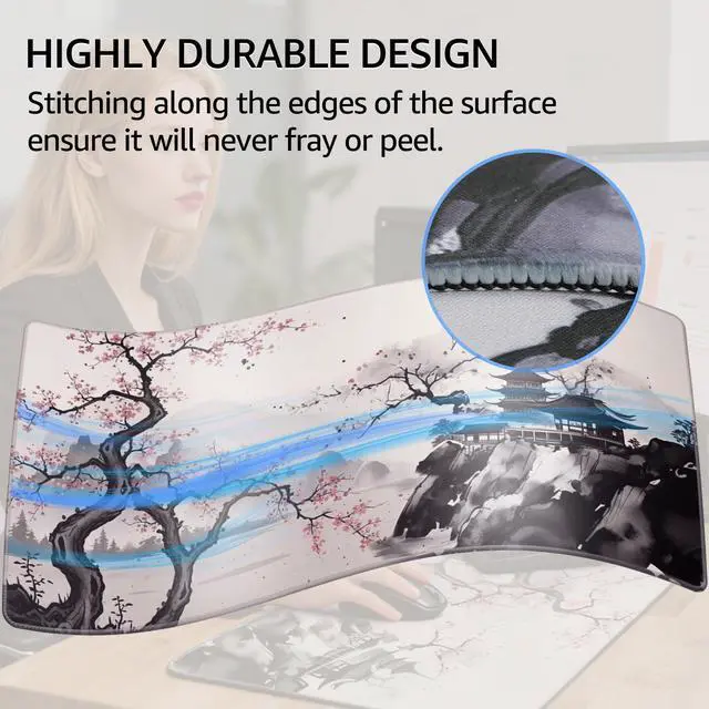 Alt view image 4 of 6 - Large Gaming Mouse Pad Desk Mat, Superior Micro-Weave Cloth, Non-Slip Rubber Base, Stitched Edges, Water-Resistant, for Gamer, Office & Home, 31.5 x 15.7 Inch, Zen Sakura