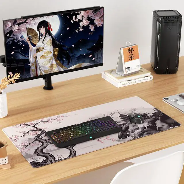 Alt view image 6 of 6 - Large Gaming Mouse Pad Desk Mat, Superior Micro-Weave Cloth, Non-Slip Rubber Base, Stitched Edges, Water-Resistant, for Gamer, Office & Home, 31.5 x 15.7 Inch, Zen Sakura