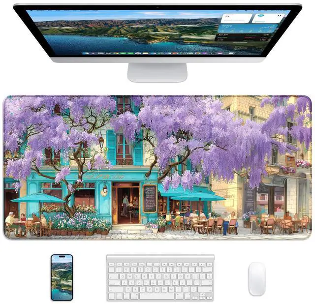 Main image of XL Gaming Mouse Pad, 31.5x15.7'' Large Desk Mat with Anti-Slip Rubber Base & Stitched Edges for Gaming, Office, Home, Wisteria Cafe