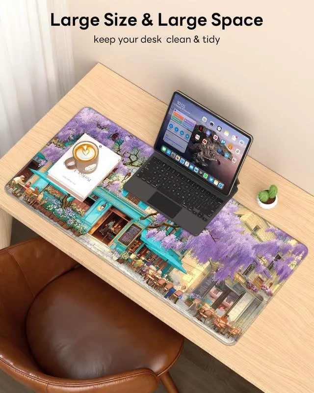 Alt view image 2 of 7 - XL Gaming Mouse Pad, 31.5x15.7'' Large Desk Mat with Anti-Slip Rubber Base & Stitched Edges for Gaming, Office, Home, Wisteria Cafe