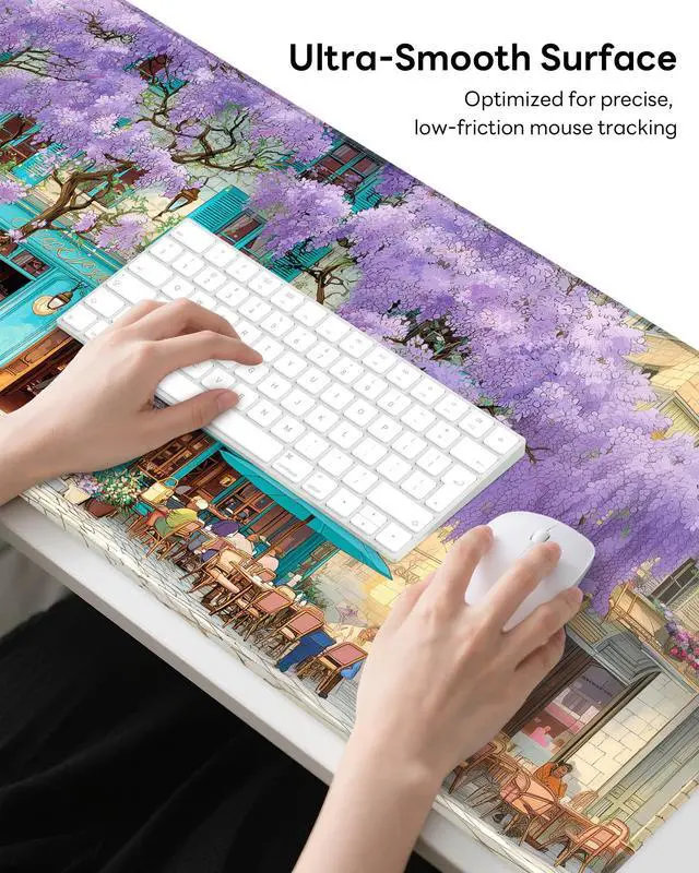 Alt view image 3 of 7 - XL Gaming Mouse Pad, 31.5x15.7'' Large Desk Mat with Anti-Slip Rubber Base & Stitched Edges for Gaming, Office, Home, Wisteria Cafe