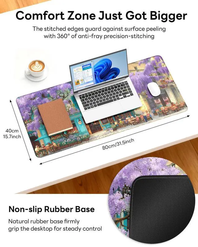 Alt view image 4 of 7 - XL Gaming Mouse Pad, 31.5x15.7'' Large Desk Mat with Anti-Slip Rubber Base & Stitched Edges for Gaming, Office, Home, Wisteria Cafe