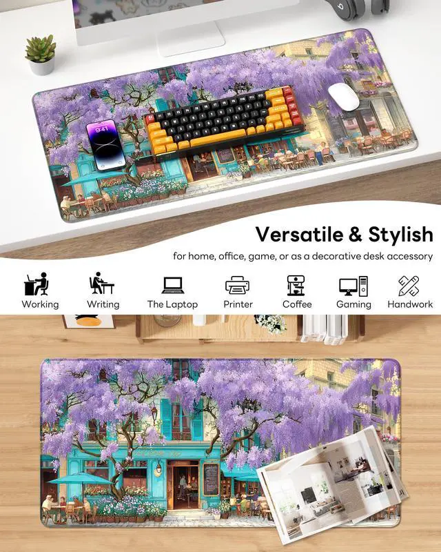 Alt view image 6 of 7 - XL Gaming Mouse Pad, 31.5x15.7'' Large Desk Mat with Anti-Slip Rubber Base & Stitched Edges for Gaming, Office, Home, Wisteria Cafe