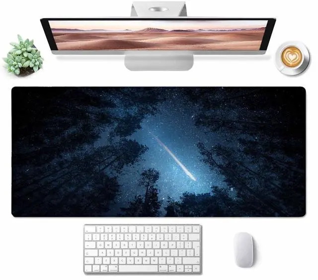 Alt view image 2 of 7 - Large Extended Gaming Mouse Pad with Stitched Edges, Non-Slip Rubber Base Mouse Pad for Office, Computer, Keyboard, Laptop and Home Desk Pad 35.4X15.7 Inch Blue Sky Forest Night