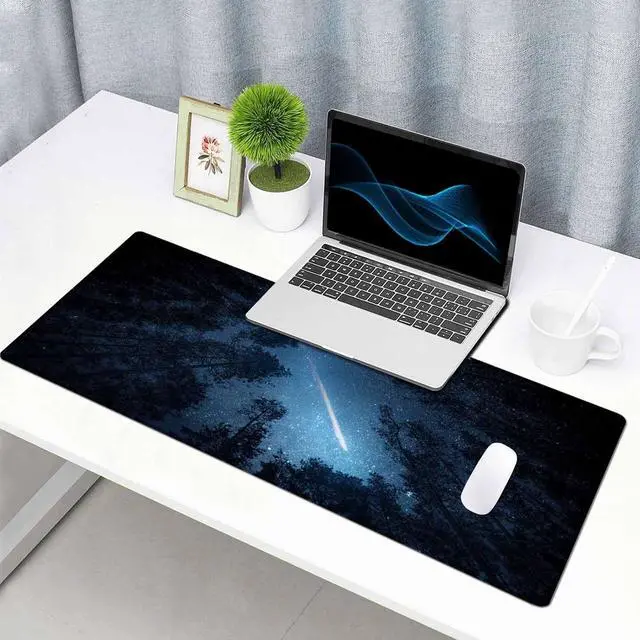 Alt view image 7 of 7 - Large Extended Gaming Mouse Pad with Stitched Edges, Non-Slip Rubber Base Mouse Pad for Office, Computer, Keyboard, Laptop and Home Desk Pad 35.4X15.7 Inch Blue Sky Forest Night