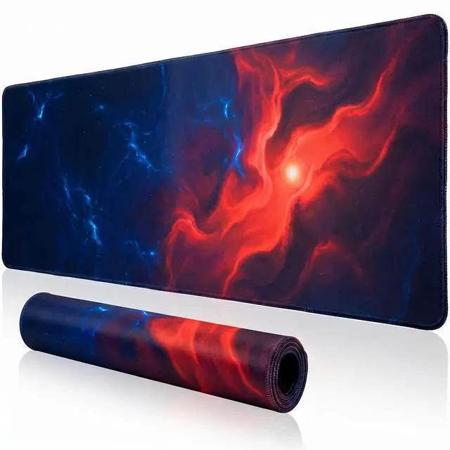 Main image of Large Desk Mat, 31.5 x 11.8 inch Blue Red Pattern Mouse Pad, Non-Slip Rubber Base and Stitched Edges Mousepad, Waterproof Desk Pad, 3mm Thick Extended Keyboard Pads for Gaming Office Home