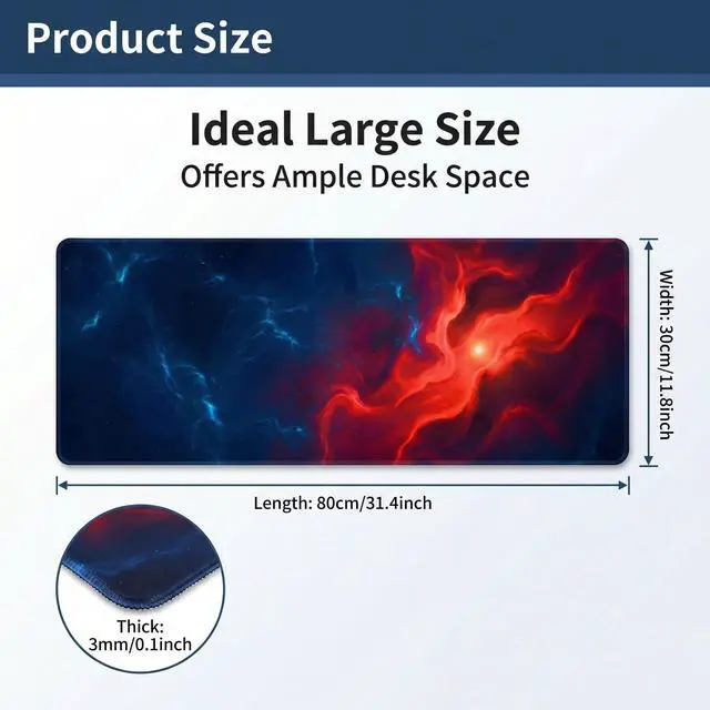 Alt view image 2 of 7 - Large Desk Mat, 31.5 x 11.8 inch Blue Red Pattern Mouse Pad, Non-Slip Rubber Base and Stitched Edges Mousepad, Waterproof Desk Pad, 3mm Thick Extended Keyboard Pads for Gaming Office Home