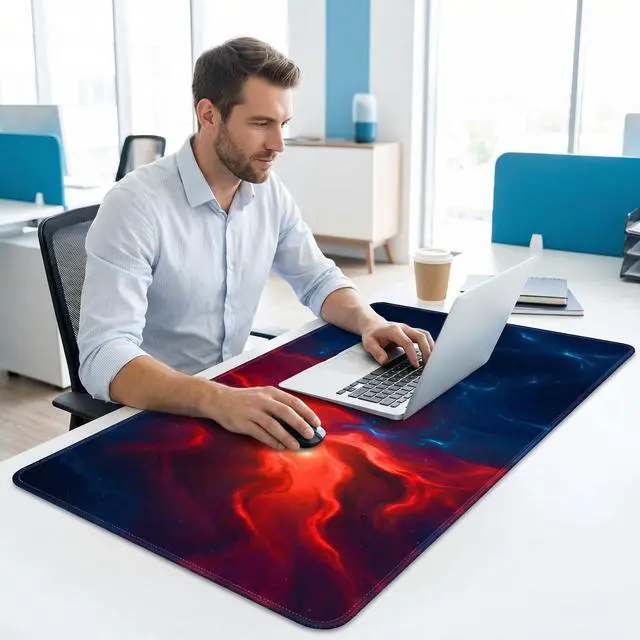 Alt view image 6 of 7 - Large Desk Mat, 31.5 x 11.8 inch Blue Red Pattern Mouse Pad, Non-Slip Rubber Base and Stitched Edges Mousepad, Waterproof Desk Pad, 3mm Thick Extended Keyboard Pads for Gaming Office Home