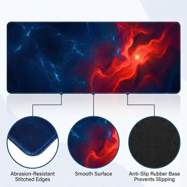 Alt view image 4 of 7 - Large Desk Mat, 31.5 x 11.8 inch Blue Red Pattern Mouse Pad, Non-Slip Rubber Base and Stitched Edges Mousepad, Waterproof Desk Pad, 3mm Thick Extended Keyboard Pads for Gaming Office Home