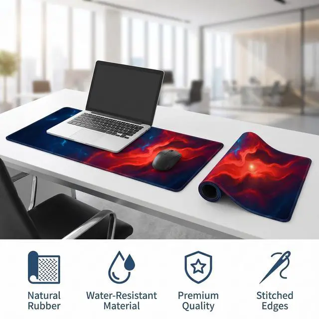 Alt view image 5 of 7 - Large Desk Mat, 31.5 x 11.8 inch Blue Red Pattern Mouse Pad, Non-Slip Rubber Base and Stitched Edges Mousepad, Waterproof Desk Pad, 3mm Thick Extended Keyboard Pads for Gaming Office Home