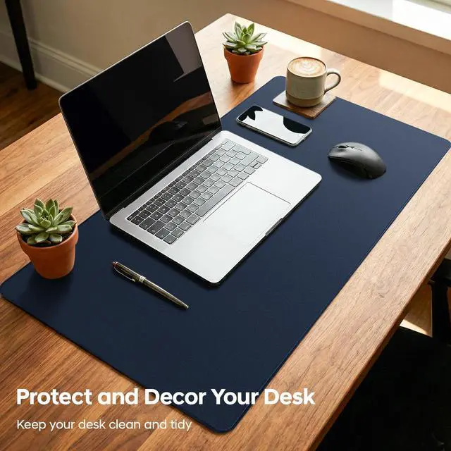 Alt view image 2 of 7 - Leather Desk Pad Protector, Office Desk Mat, Large Mouse Pad, Non-Slip PU Leather Desk Blotter, Waterproof Computer Desk Writing Pad for Office and Home (Dark Blue, 31.5" x 15.7")