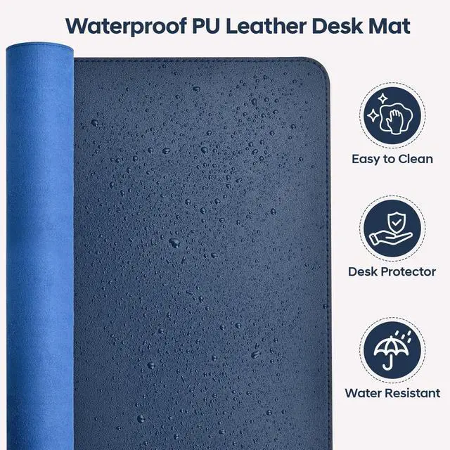 Alt view image 5 of 7 - Leather Desk Pad Protector, Office Desk Mat, Large Mouse Pad, Non-Slip PU Leather Desk Blotter, Waterproof Computer Desk Writing Pad for Office and Home (Dark Blue, 31.5" x 15.7")