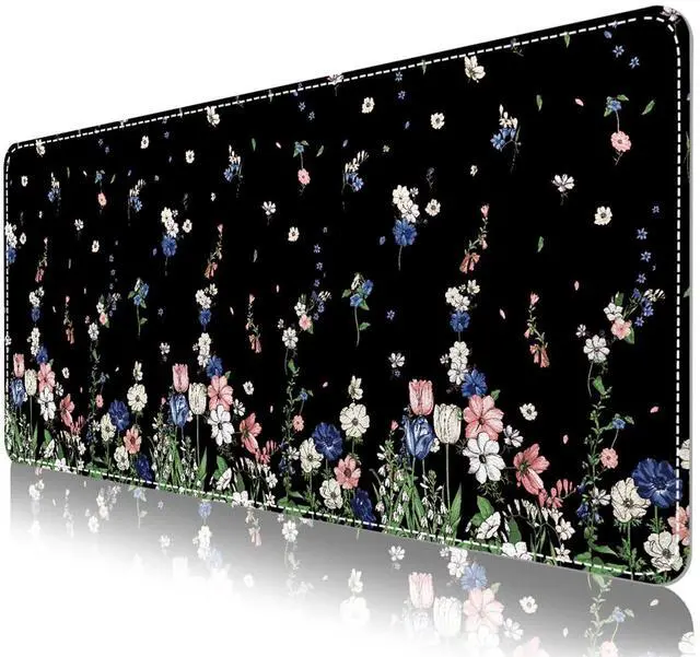 Main image of Leather Desk Protector Mouse Pad, Large Keyboard Mat, Non-Slip PVC Leather Blotter, Black Laptop Pad, Waterproof Writing Pad for Office Home 35.4" x 15.7", Flower Rain