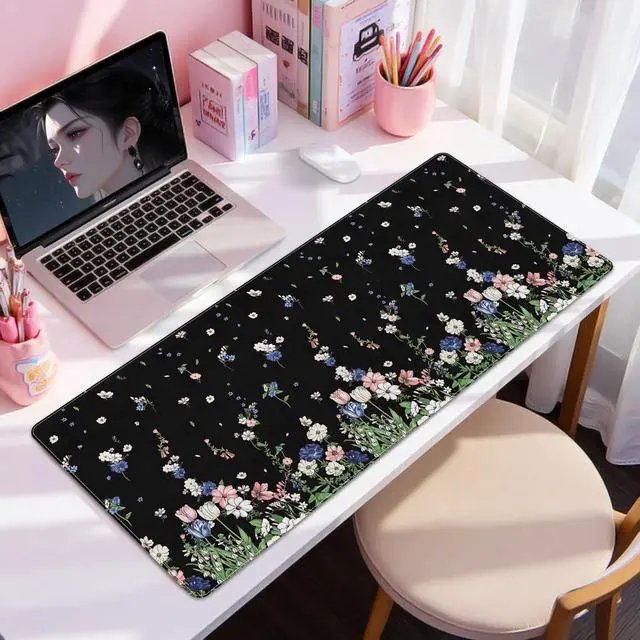 Alt view image 2 of 7 - Leather Desk Protector Mouse Pad, Large Keyboard Mat, Non-Slip PVC Leather Blotter, Black Laptop Pad, Waterproof Writing Pad for Office Home 35.4" x 15.7", Flower Rain