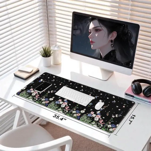 Alt view image 3 of 7 - Leather Desk Protector Mouse Pad, Large Keyboard Mat, Non-Slip PVC Leather Blotter, Black Laptop Pad, Waterproof Writing Pad for Office Home 35.4" x 15.7", Flower Rain