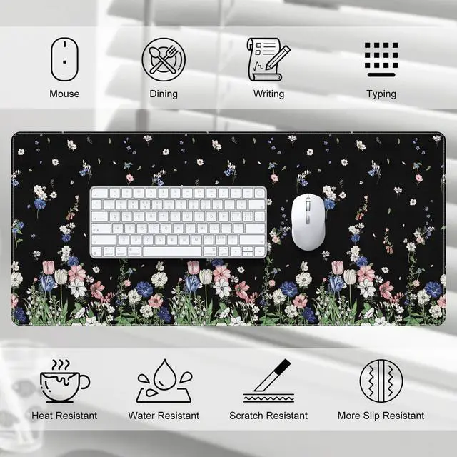 Alt view image 7 of 7 - Leather Desk Protector Mouse Pad, Large Keyboard Mat, Non-Slip PVC Leather Blotter, Black Laptop Pad, Waterproof Writing Pad for Office Home 35.4" x 15.7", Flower Rain