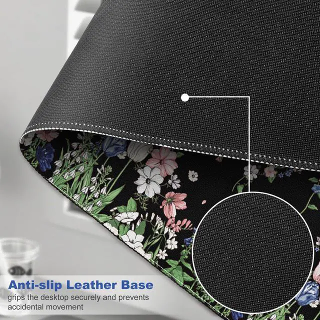 Alt view image 5 of 7 - Leather Desk Protector Mouse Pad, Large Keyboard Mat, Non-Slip PVC Leather Blotter, Black Laptop Pad, Waterproof Writing Pad for Office Home 35.4" x 15.7", Flower Rain