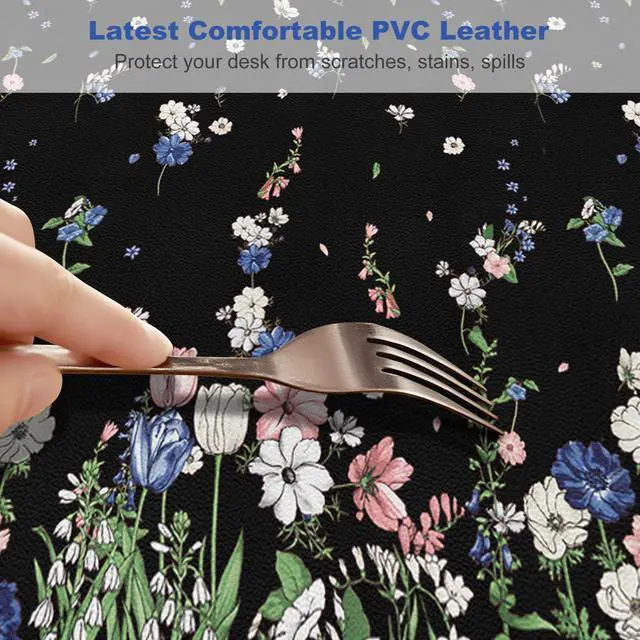 Alt view image 6 of 7 - Leather Desk Protector Mouse Pad, Large Keyboard Mat, Non-Slip PVC Leather Blotter, Black Laptop Pad, Waterproof Writing Pad for Office Home 35.4" x 15.7", Flower Rain