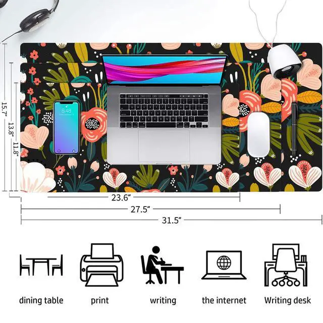 Alt view image 2 of 7 - Desk Mat Large Protector Pad 27.5" ×13.8", Non-Slip PU Leather Desk Blotter, Waterproof Mouse Pad for Office Home Black Floral