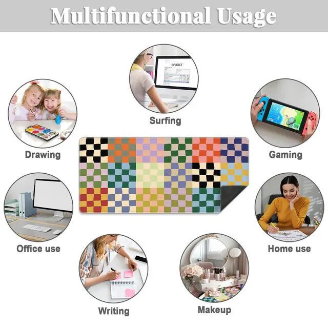Alt view image 7 of 7 - Office Desk Mat Large Mouse Pad Computer Desktop Cover Protector with Lycra Surface & Non-Slip Rubber Base, Edges Desk Protector for Keyboard, Mouse, and Writing(Retro Checkered)