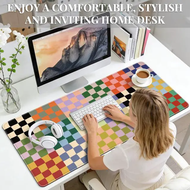 Alt view image 6 of 7 - Office Desk Mat Large Mouse Pad Computer Desktop Cover Protector with Lycra Surface & Non-Slip Rubber Base, Edges Desk Protector for Keyboard, Mouse, and Writing(Retro Checkered)