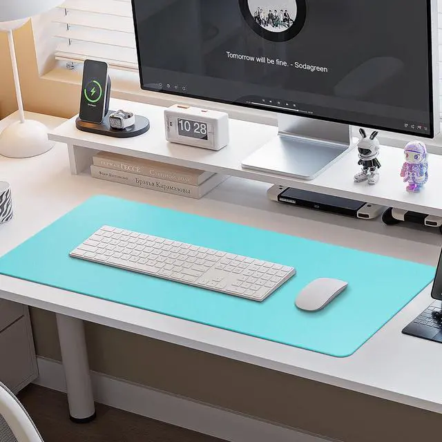 Alt view image 6 of 7 - Leather Desk Pad Protector,Non-Slip Mouse Pad,Laptop Desk Pad,Office Mouse Mat,Waterproof Leather Desk Blotter,Desk Writing Pad for Office and Home (L-Bright Blue,35"x 17")