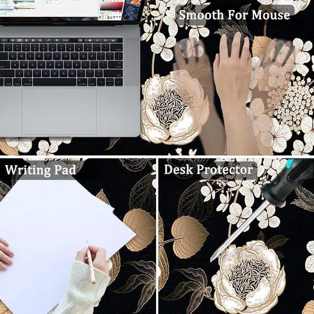 Alt view image 6 of 7 - Large Mouse Pad, Desk Mat for Desktop, Dual Side PU Leather Waterproof Gaming Mousepad Desk Pad, Desk Protector Writing Pads Desk Accessories for Office and Home (C-Black Gold Flower, 31.5''X15.8'')