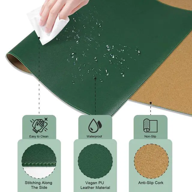 Alt view image 2 of 6 - Non Slip Desk Mat, 31.5" x 15.7" PU Leather Desk Pad, Cork Desk Mat for Desktop, Desk Pad for Keyboard and Mouse, Ideal for Office and Home, Dark Green