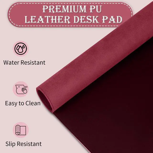 Alt view image 4 of 6 - Large Desk Mat 35.4" x 17", PU Leather Desk Pad Protector, Non-Slip Large Mouse Pad for Desk, Waterproof Computer Desk Mat, Office Desk Pad for Keyboard Mouse, Desk Writing Mat (Burgundy)