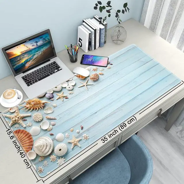 Alt view image 2 of 6 - Desk Mat,Large Mouse Pad 35''×15.6'' XXL Extended Gaming Mouse Pad Mat with Non-Slip Base Stitched Eges Mousepad for Computer,Office,Keyboard and Laptop - Sea Shell