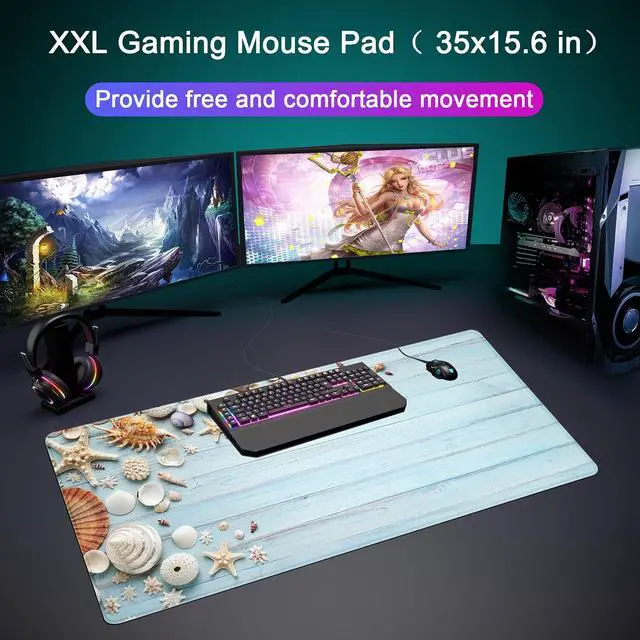 Alt view image 3 of 6 - Desk Mat,Large Mouse Pad 35''×15.6'' XXL Extended Gaming Mouse Pad Mat with Non-Slip Base Stitched Eges Mousepad for Computer,Office,Keyboard and Laptop - Sea Shell