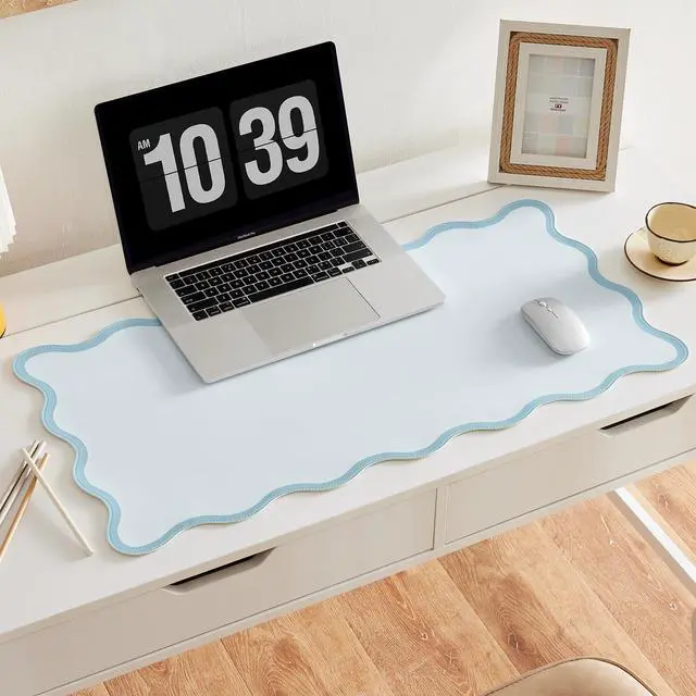 Main image of Scalloped Desk Mat, 31.5" x 15.7", PU Leather, Waterproof Anti-Slip, Cute Aesthetic Desk Pad for Office/Home/Game/Vanity (Blue, Large)