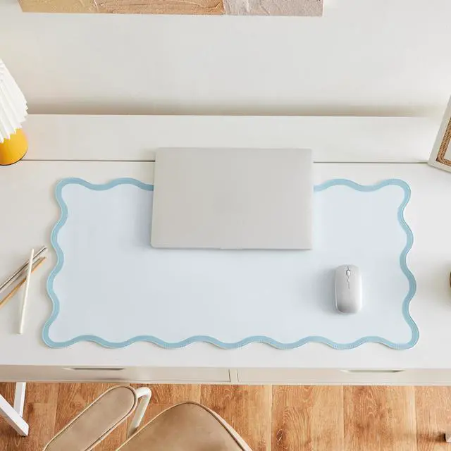 Alt view image 3 of 7 - Scalloped Desk Mat, 31.5" x 15.7", PU Leather, Waterproof Anti-Slip, Cute Aesthetic Desk Pad for Office/Home/Game/Vanity (Blue, Large)