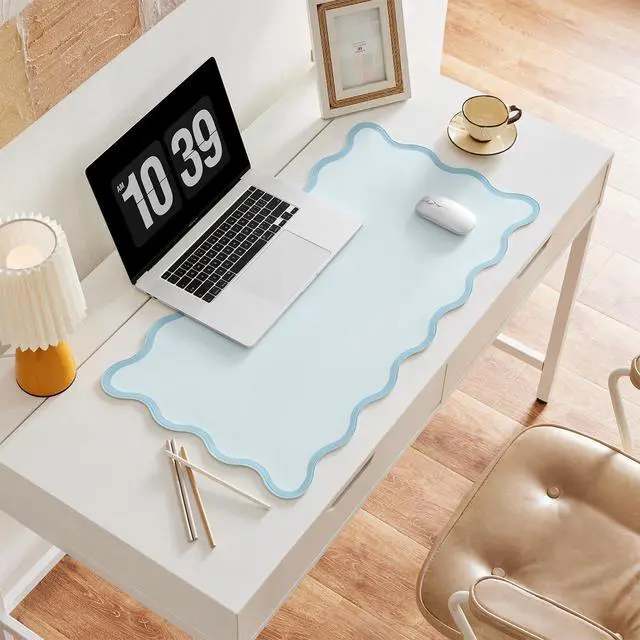 Alt view image 4 of 7 - Scalloped Desk Mat, 31.5" x 15.7", PU Leather, Waterproof Anti-Slip, Cute Aesthetic Desk Pad for Office/Home/Game/Vanity (Blue, Large)
