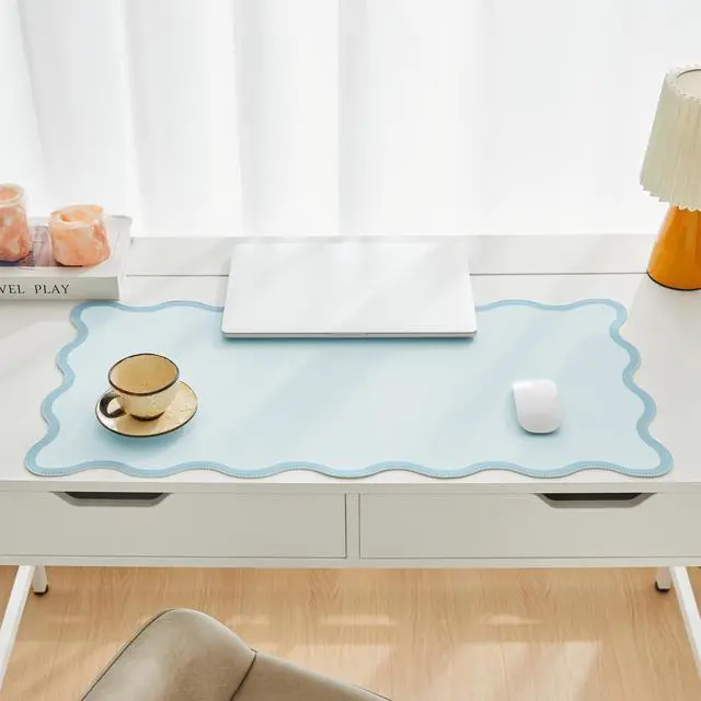 Alt view image 7 of 7 - Scalloped Desk Mat, 31.5" x 15.7", PU Leather, Waterproof Anti-Slip, Cute Aesthetic Desk Pad for Office/Home/Game/Vanity (Blue, Large)