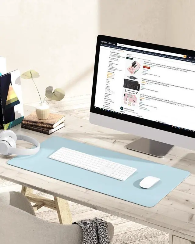 Alt view image 7 of 7 - Non-Slip Leather Desk Pad, Waterproof Laptop Computer Desk Keyboard Mat, Table Protector Blotter Mat, Large Mouse Pad for Office/Work/Home/Decor(Sky Blue, 31.5" x 15.7")